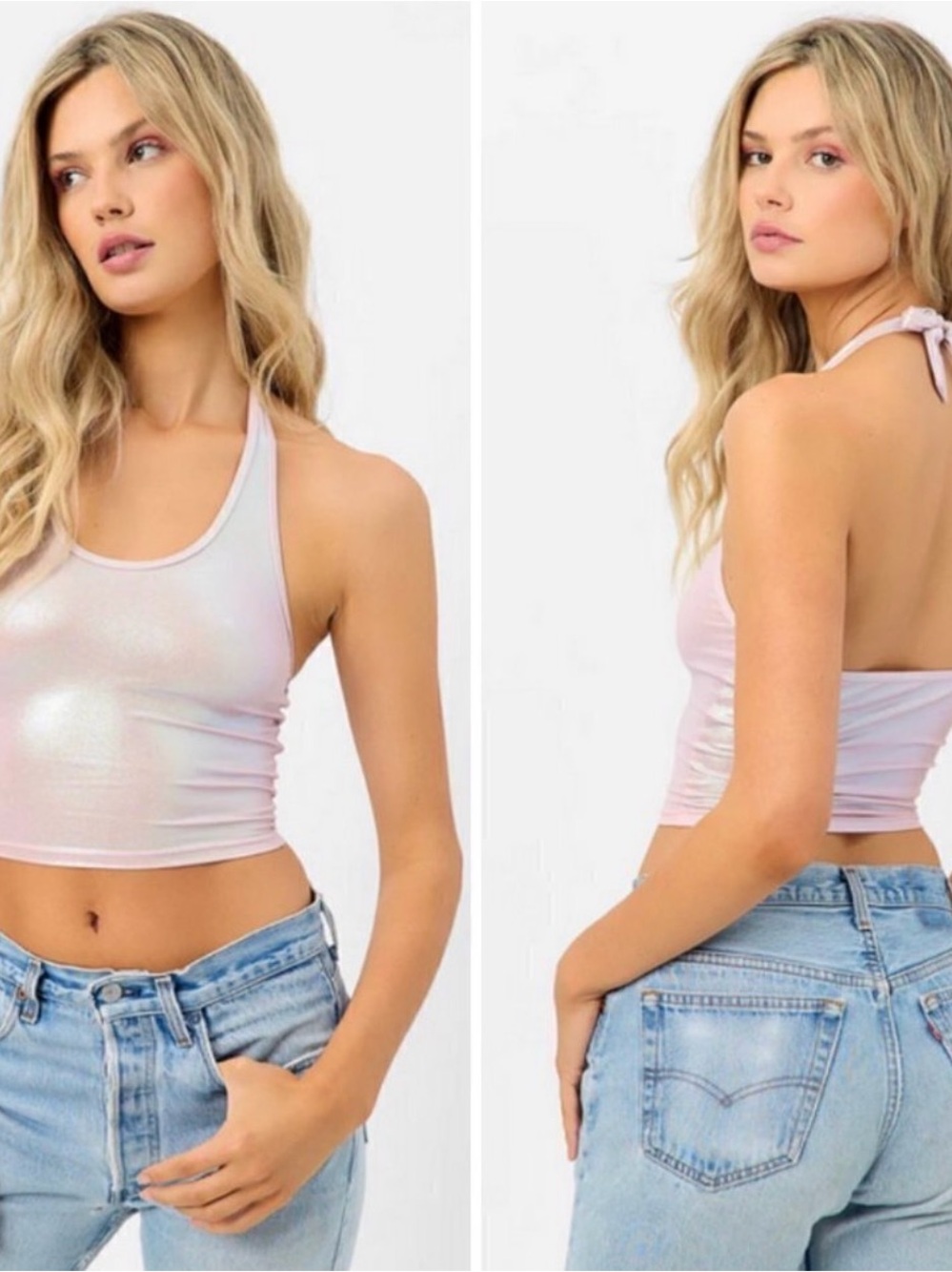 Frankies Bikinis Iridescent Halter Crop Top – Pink